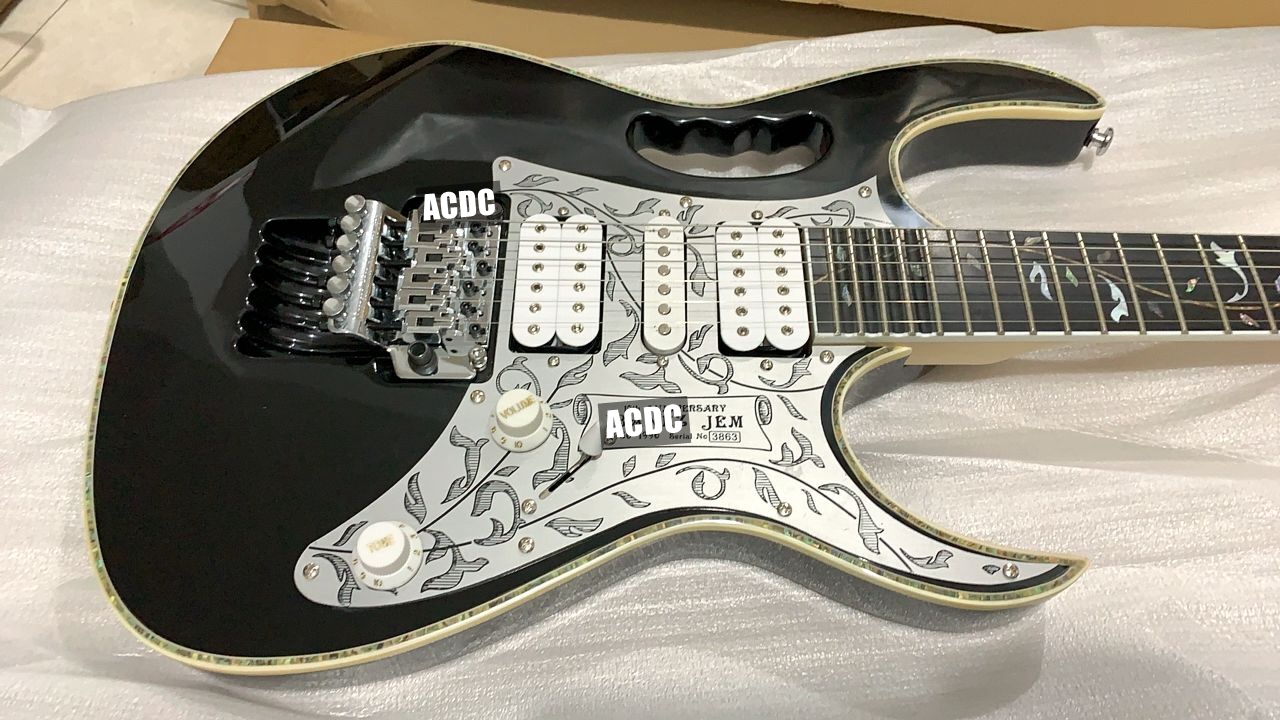 

Custom 10th Anniversary Steve Vai Jem 77 7V Black Electric Guitar Ebony Fingerboard, Aluminumn Pickguard, Real Abalone Body Binding, Vine Inlay