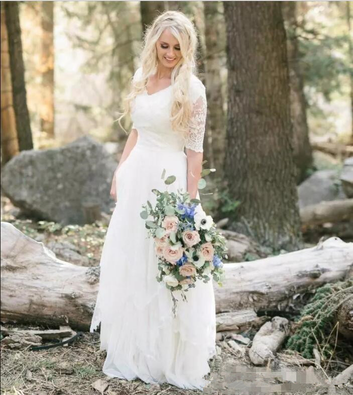 Bohemian Forest Wedding Dresses 2019 Lace Chiffon Modest V Neck Half Sleeves Long Western Country Bridal Gowns Plus Size Dress for Wedding