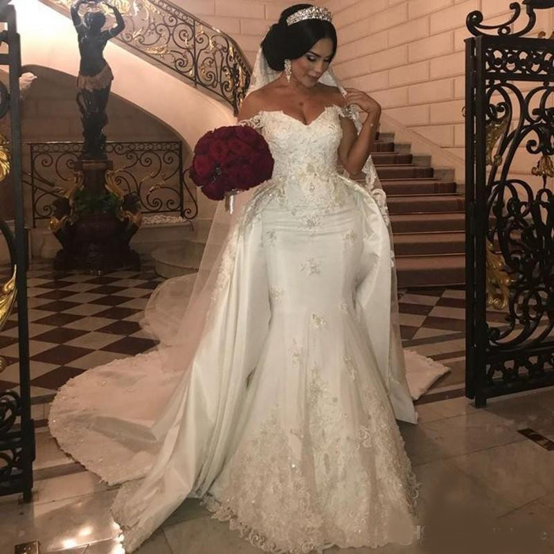 African Overskirts Wedding Dresses Plus Size Lace Appliques Off The Shoulder Mermaid Wedding Dress Beads Sequins Plus Size Bridal gowns