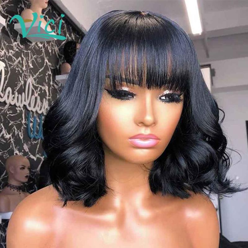 

Short Bob Wigs With Bangs Human Hair Bang Wig Body Wave Wavy Lace Front Wig Bob Lace Front Human Hair Wigs For Black Women 150%, As pic