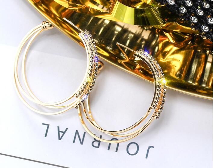 Women Jewelry Multilayer Round Hoop Earrings Shining Gold Silver Color Rhinestone Earrings for Wedding Party GA742