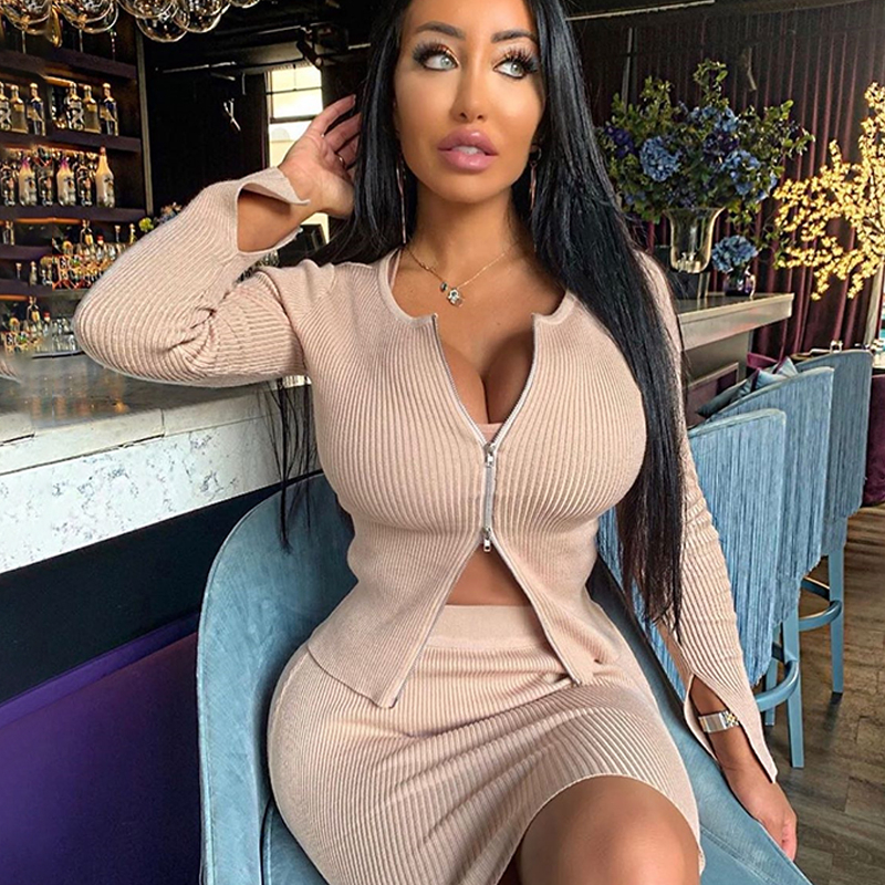 Zipper Closure Knitted Sexy Club Outfits Tops And Skirt Set Party 2 Piece Set Women Festival Clothing Fashion Two Piece Set