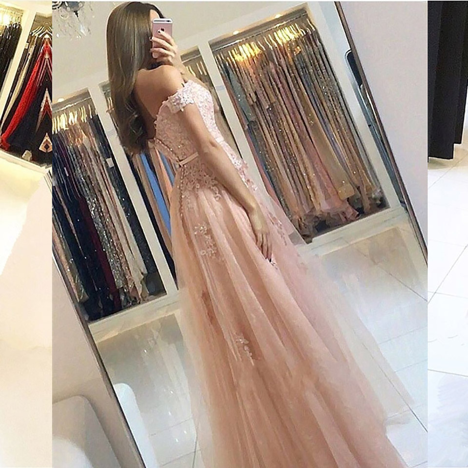 Robe de soiree Off The Shoulder Mermaid Pink Lace Evening Dresses Long Appliqued Evening Gown Formal Prom Dress Party Gown