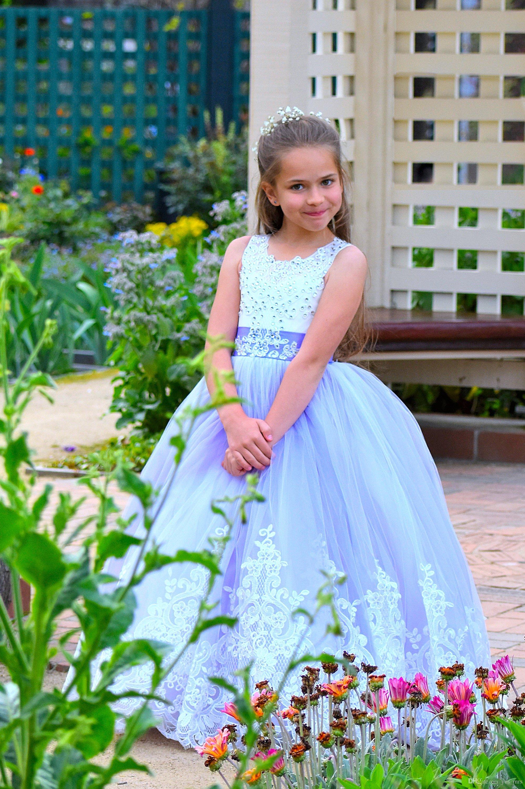 Lovely Lavender Flower Girls Dresses Jewel Neck Lace Appliques Beaded Tulle Sleeveless Floor Length Birthday Child Girl Pageant Gowns
