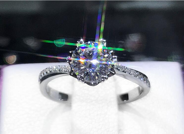 Size 4-10 Luxury Jewelry Real 925 Sterling Silver Round Cut White Topaz CZ Diamond Gemstones Party Women Wedding Engagement Band Ring Gift