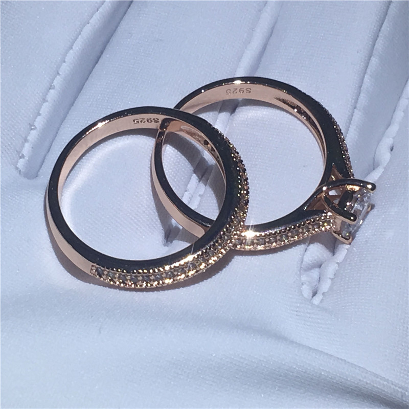 choucong Genuine 6mm Diamond Ring Set Rose Gold Filled 925 Silver Engagement Wedding Band Rings for women Jewelry