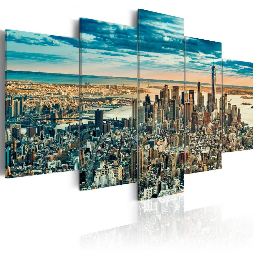 Fashion Wall Art Canvas Painting 5 Pieces Blue Grey Purple New York Architectural Landscape Modern Home Decoration, No Frame