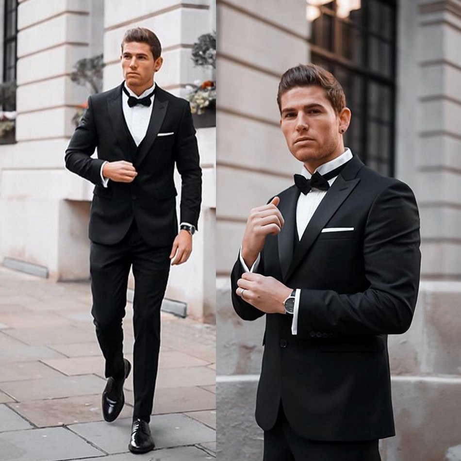 Handsome Black Wedding Tuxedos Peaked Lapel Slim Fit Two Button Groom Wear Formal Party Prom Men Suit Blazer(Jacket+Pants)