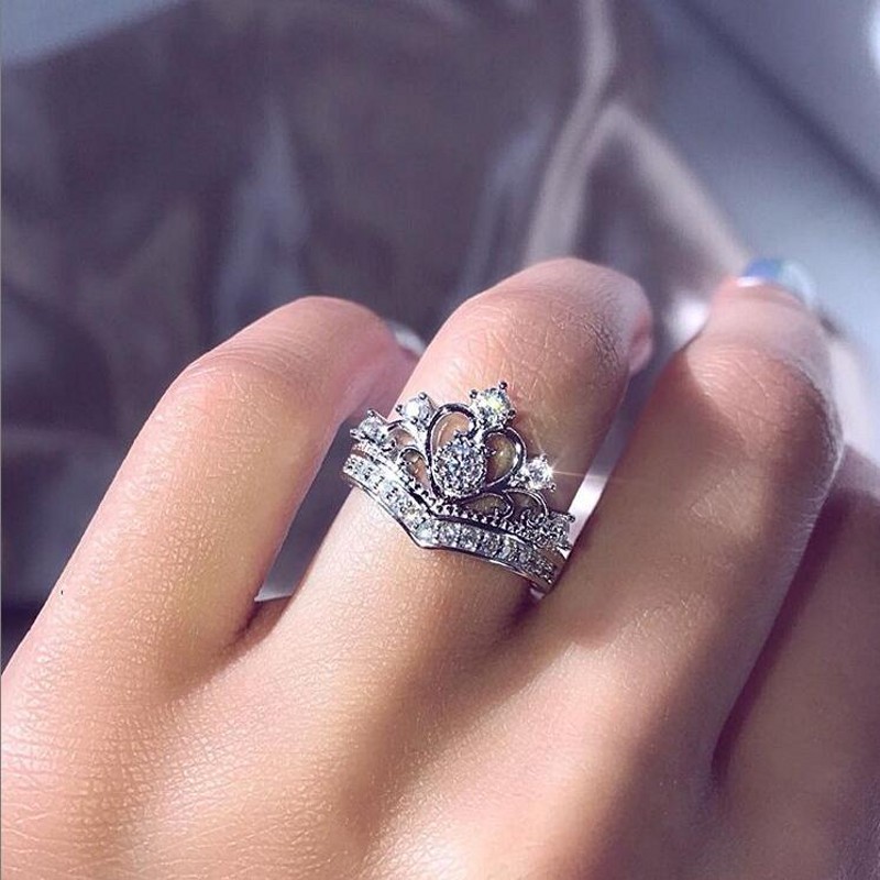 Sparkling Ins Top Sell Lovely Fine Jewelry 925 Sterling Silver Crown Ring White Topaz CZ Diamond Promise Women Wedding Bridal Ring Gift