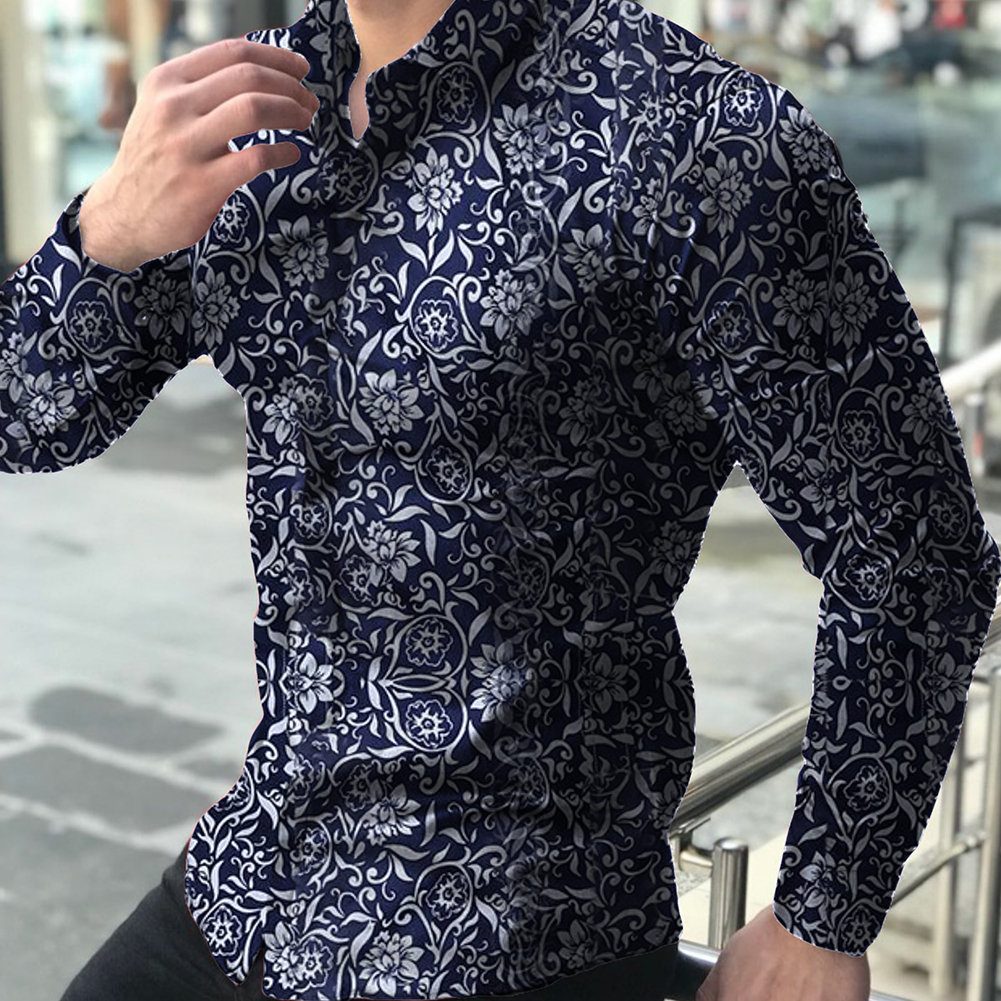 Mens Ral Print Shirt, Long Sleeve Button-Down Dress Men, Slim Fit Casual Shirt For Spring/Autumn B1
