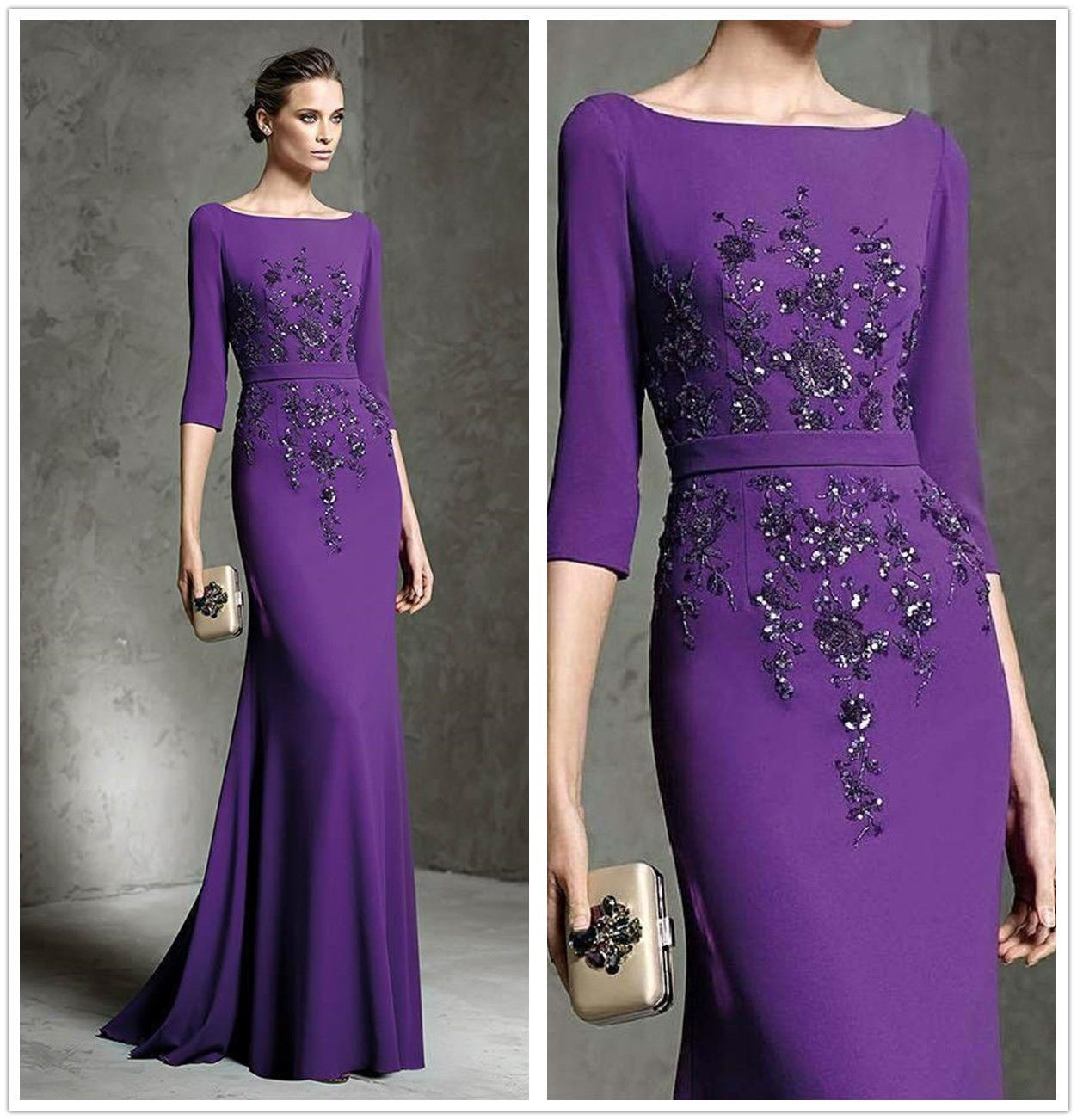 Purple New Mother Of The Bride Dresses Beaded Sequins Appliqued 3/4 Long Sleeve Evening Gowns Plus Size Wedding Guest Dress