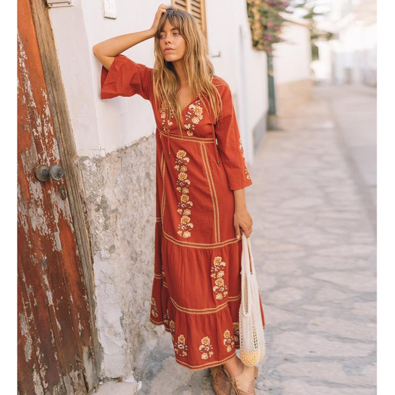 Jastie Bohemian Holiday Women Dress Boho Floral Embroidered Dresses V-Neck Long Sleeve Autumn Maxi Dresses for Women Vestidos, White
