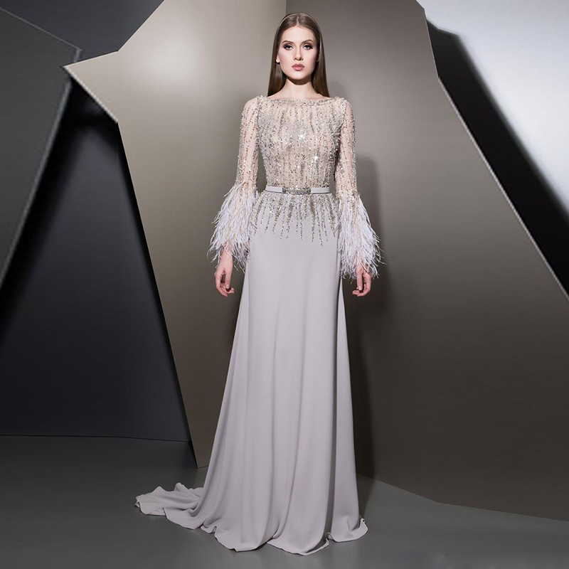 Illusion Top A-line Feather Evening Dresses Scoop Neck Long Sleeve Beaded Sequin Celebrity Dress Chiffon Skirt Special Occasion Dresses