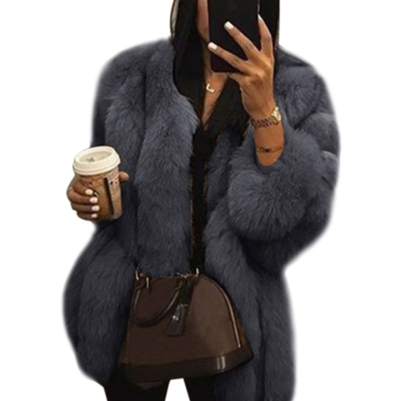 Women's Plus Size Faux Fur Overcoat Thickened, Long Sleeve, Open Front, Elegant, Warm Winter Jacket - Black, Gray, Brown, Pink, White B4