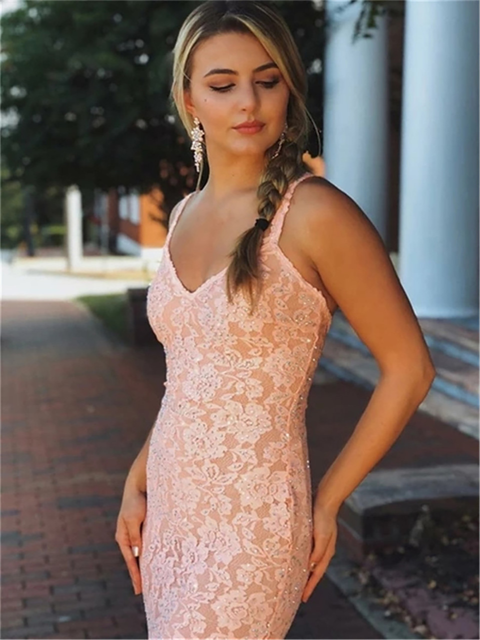 Pink Lace Mermaid Long Evening Dress Sexy V Neck Spaghetti Straps Evening Party Dresses Robe de Soiree