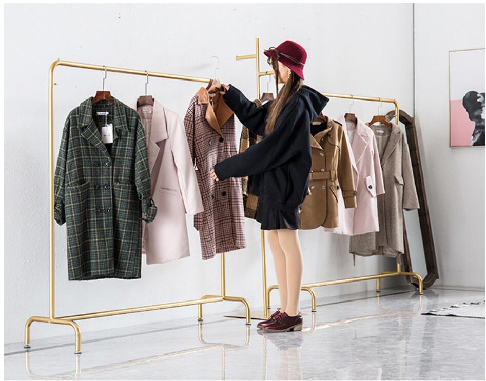Clothing store clothes rack Gold iron men's and women's Bedroom Furniture hanging racks floor type combination cloth shop show shelf