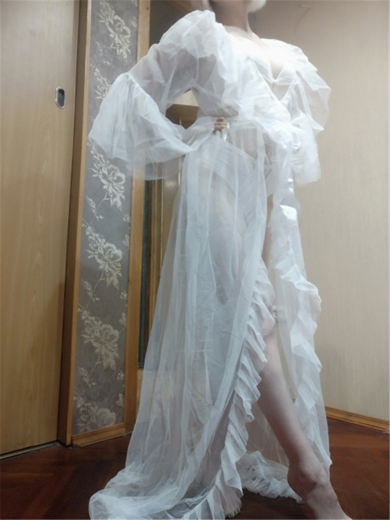 sexy women lingerie lace sheer mesh tulle perspective v neck layered ruffles maxi floor long bath robe gown sleepwear dresses