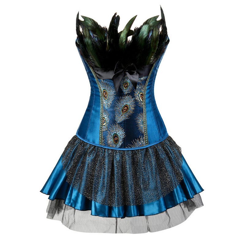 Women Burlesque Corset Skirt Outfit Plus Size S-6XL Feathers Ruffle Peacock Embroidery Brocade Overbust Corset with Layered Mini TUTU Skirt