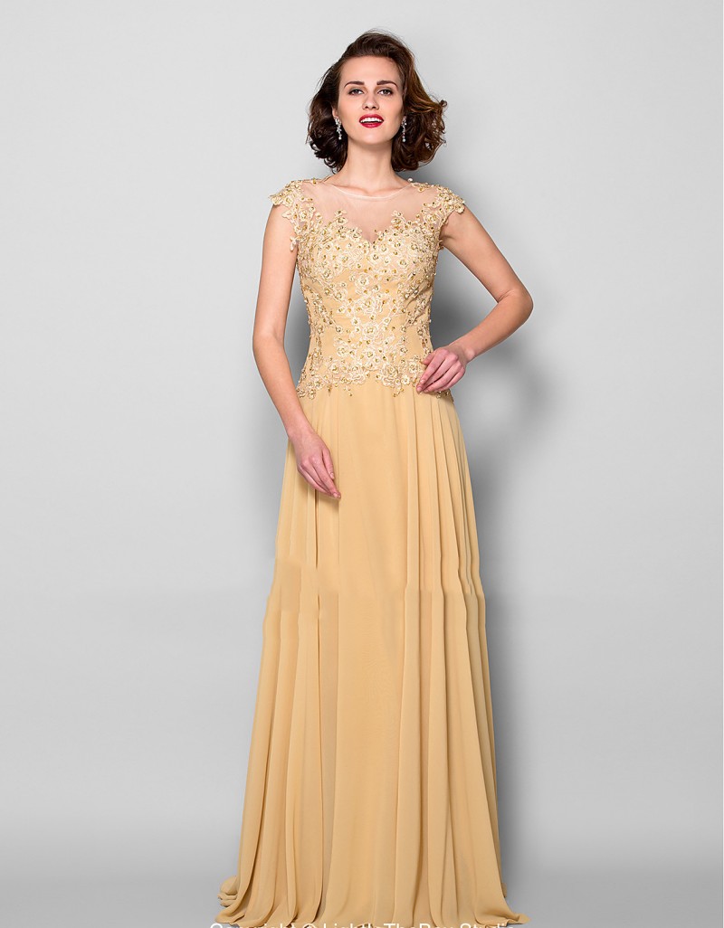 Elegant Gold Mother of the Bride Dresses A Line Lace Beaded Plus Size Chiffon Floor Length Zipper Back Mother's Dress Formal Prom Dresses