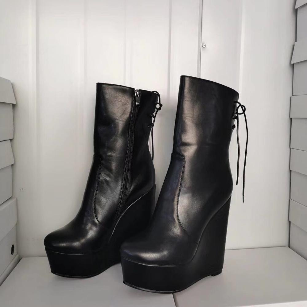 Rontic Handmade Women Winter Platform Ankle Boots Wedges High Heels Boots Round Toe Black Evening Shoes Women Plus US Size 5-20