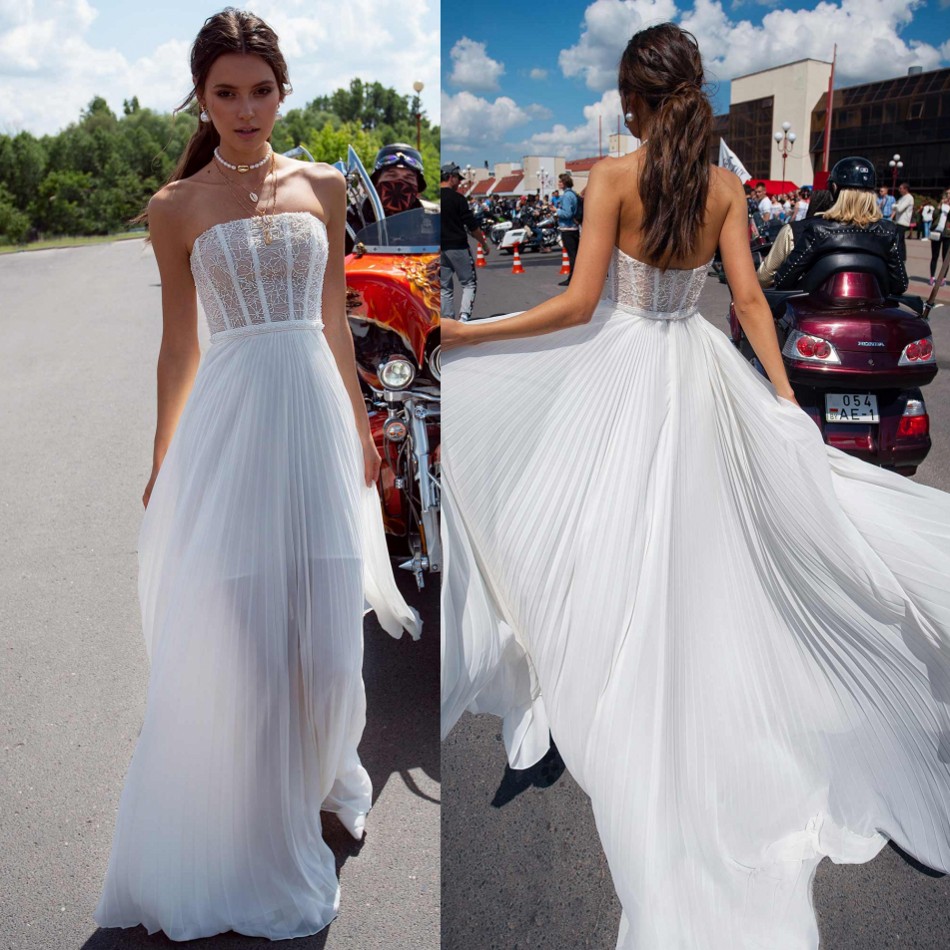 Beach Chiffon Wedding Dresses Sexy Strapless Sequins Ruched Bridal Gowns Illusion Sweep Train Backless Bohemian Wedding Dress
