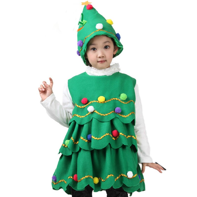 Children Christmas Tree Costume with Hat Set Tiered Wave Hem A-line Ruffle Mini Dress with Balls Teenage Kid Unisex Cosplay Outfit Plus Size