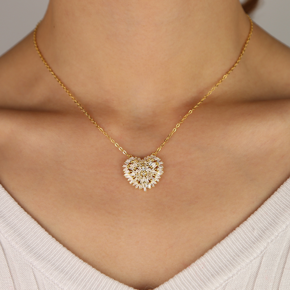 Baguette cz firework Heart pendant necklace for women gold silver high quality sparking bling cz collar