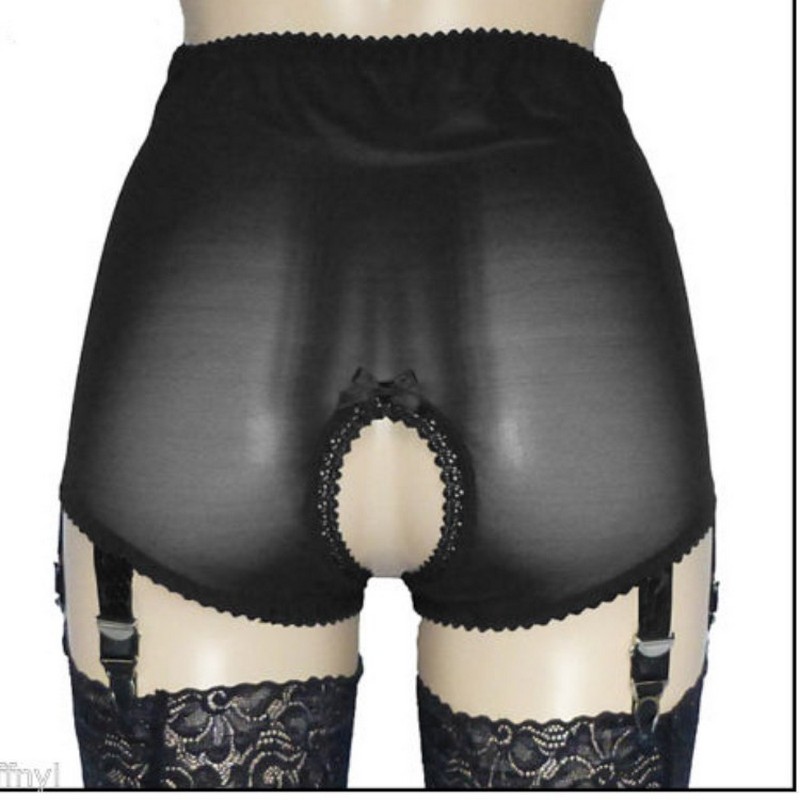 Sexy Women Open Crotch Shorts with 4-Metal Buckles Short Straps Lace and Mesh Lingerie Suspender Elastic Garter Belt with Satin Bows S-XXL
