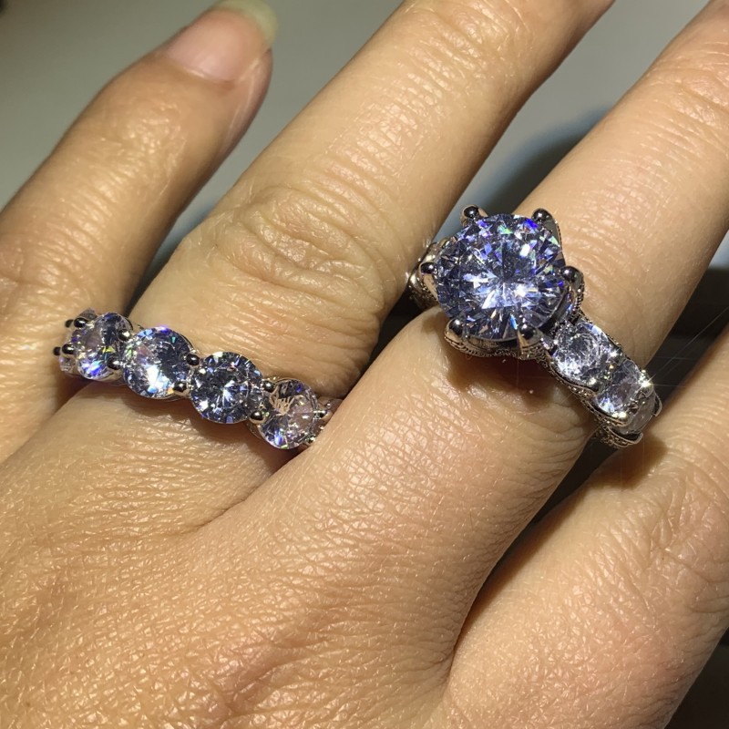 Hip Hop Luxury Jewelry 925 Sterling Silver Round Cut Big White Topaz CZ Diamond SONA Couple Rings Women Wedding Bridal Ring Set For Lover