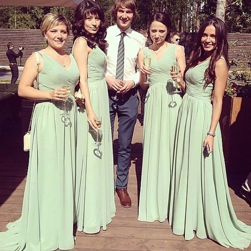 Elegant Straps V-neck Chiffon Long Bridesmaid Wedding Party Dress vestido de festa Custom Made