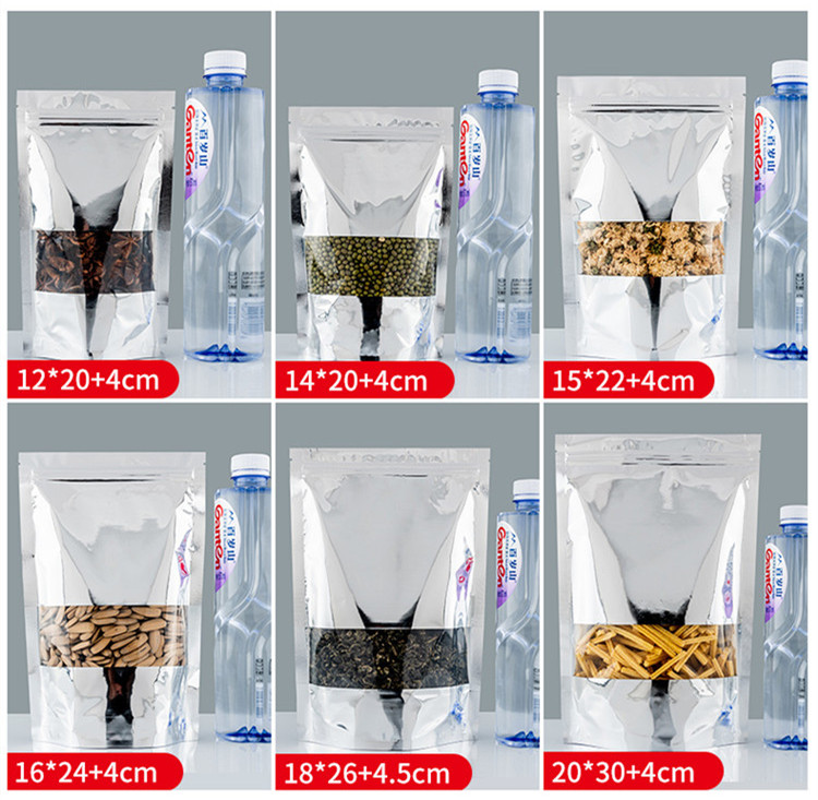 100pcs Stand up Glossy Silver Window Zip Lock Bag Resealable Plastic Sugar Snack Meat Coffee Kitechen Supplies X-mas Biscuits Heat Sealing Storage Pou