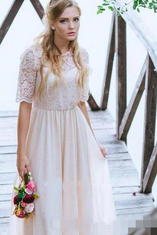 Short Lace Sleeves Dresses Tea Length Chiffon A Line Jewel Neck Custom Made Country Wedding Gown Vestido De Novia