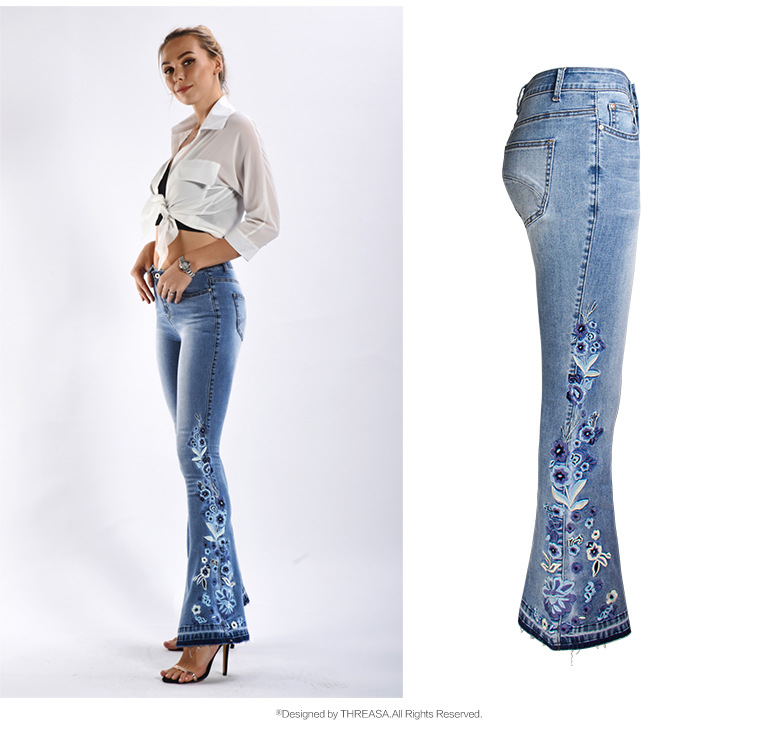 hot sale hot sale Flared And Embroidery Jeans Women'S Floral Skinny Denim Pants Woman Plus Size Wide Leg Jeans