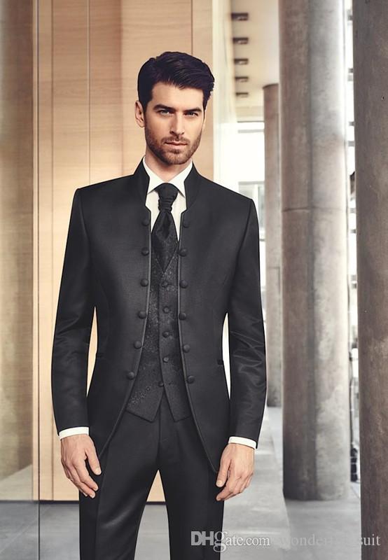Stand Collar Wedding Mens Suits Slim Fit Bridegroom Tuxedos For Men Three Pieces Groomsmen Pant Suit Notched Lapel Formal Business Jackets, Navy