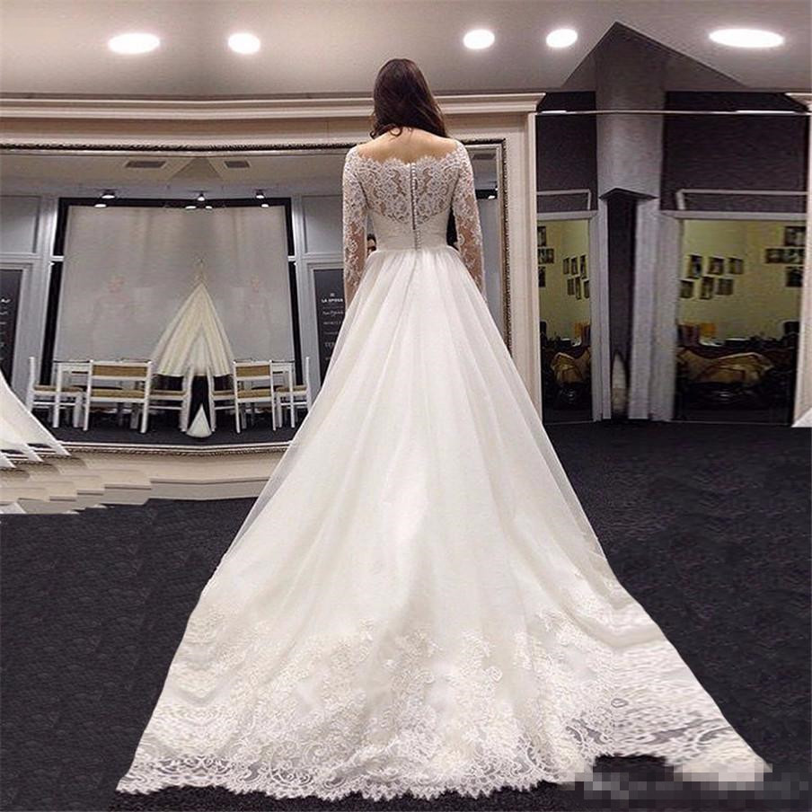 Country Scoop Appliques A-Line Dresses White Bride Dress Long Sleeve Lace With Beaded Sash Wedding Gowns Z31 0510