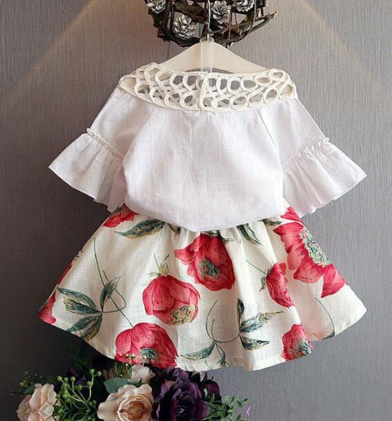 cute white butterfly sleeve pullover tops+ printed skirt set children clothes summer sets baby girl child 2pcs set