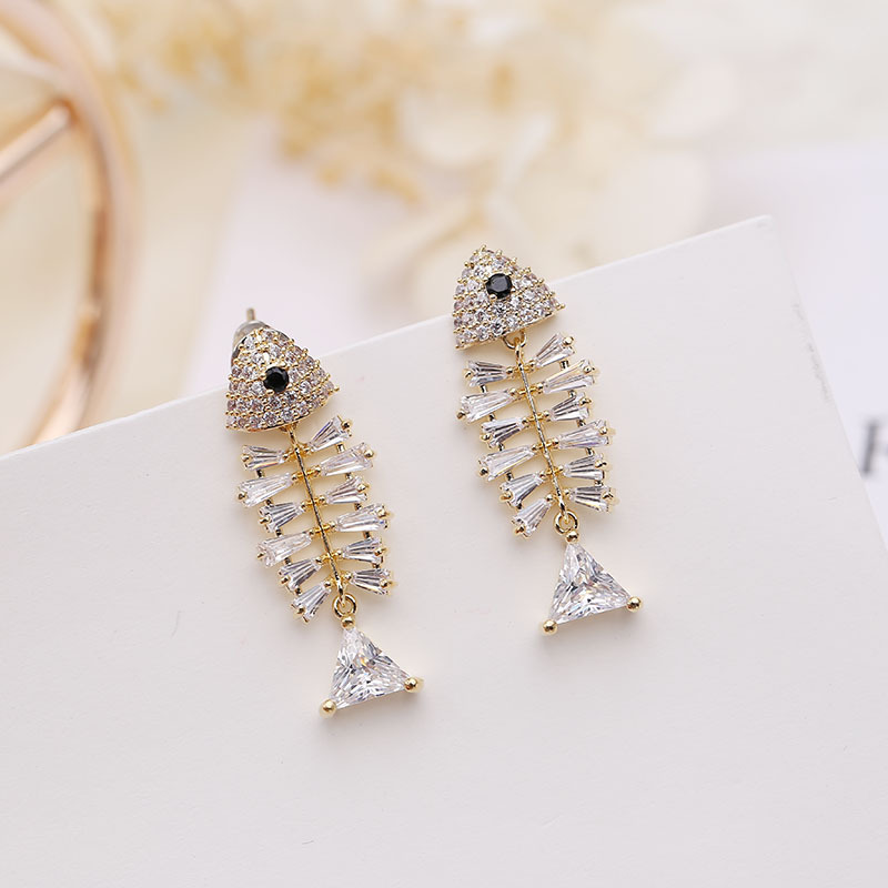 Shiny Bling Full Fish Skeleton S925 Silver Needle Dangle Drop Earrings White Zircon Gold Plated Earring Jewelry Wholesale