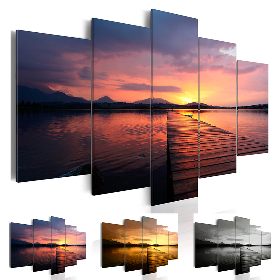 5 Panel Modern Printed Sea Sunset Landscape Painting Picture Cuadros Canvas Art Seascape Painting for Living Room No Frame Gift Oil Picture