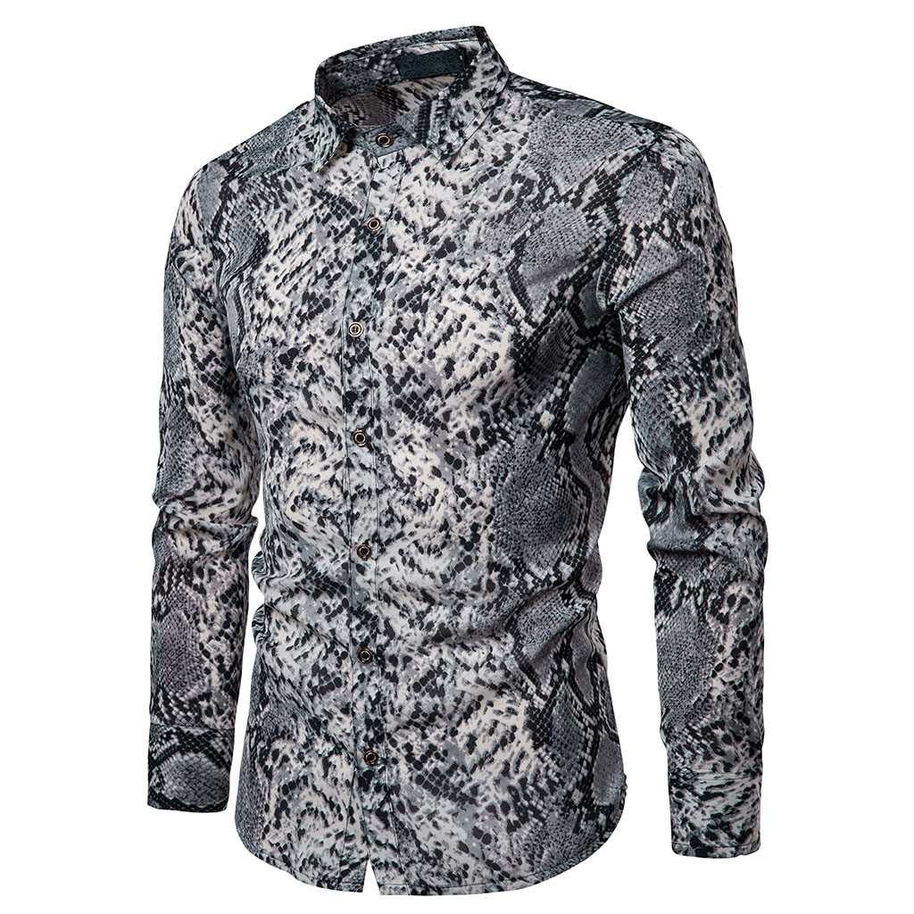 Fashion Trend Men's Long Sleeve Button Shirt Tops Slim Fit Unique Stylish Snake Skin Pattern Shirts Pre-Fall Clothes B3