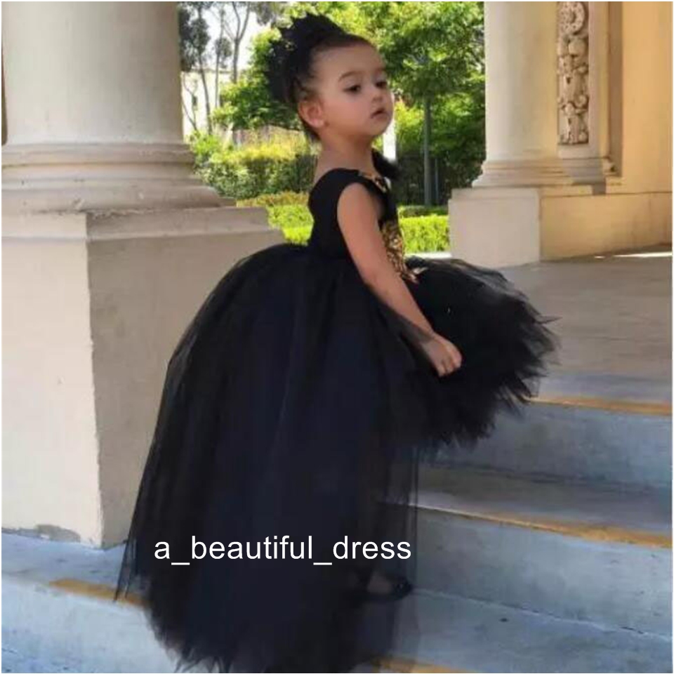 Cute Hi-Lo Black Girls Pageant Dresses 3D Flower Gold Appliques Flower Girl Dresses Kids Formal Wear FG1322