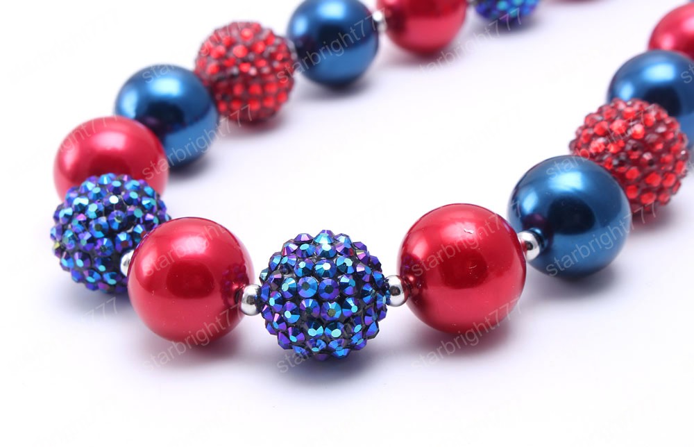 Red+Navy Color Kid Chunky Necklace Fashion 4th July Girl Children Bubblegom Bead Chunky Necklace Fashion Party Gift