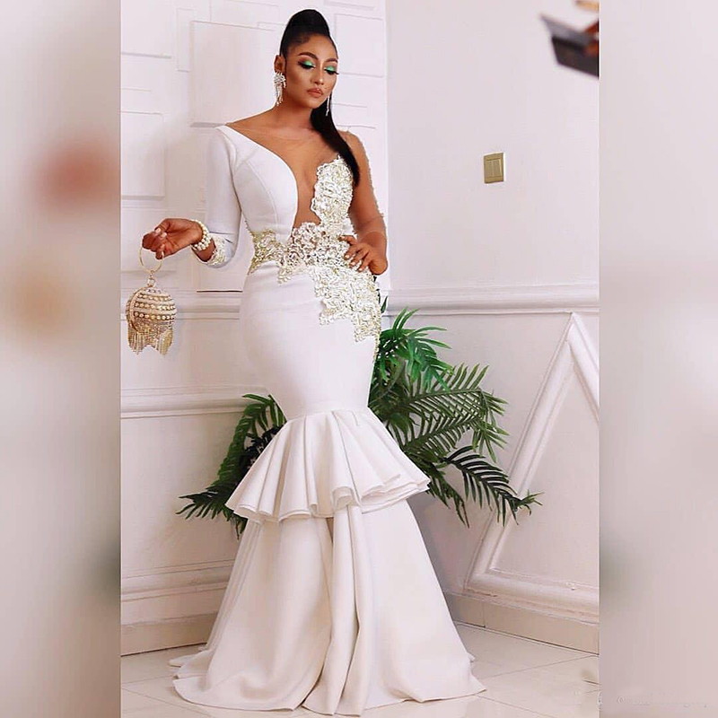African Nigerian Mermaid Dresses Sheer Neck Gold Applique Long Sleeves Bridal Party Gowns Wedding Abendkleider 0522