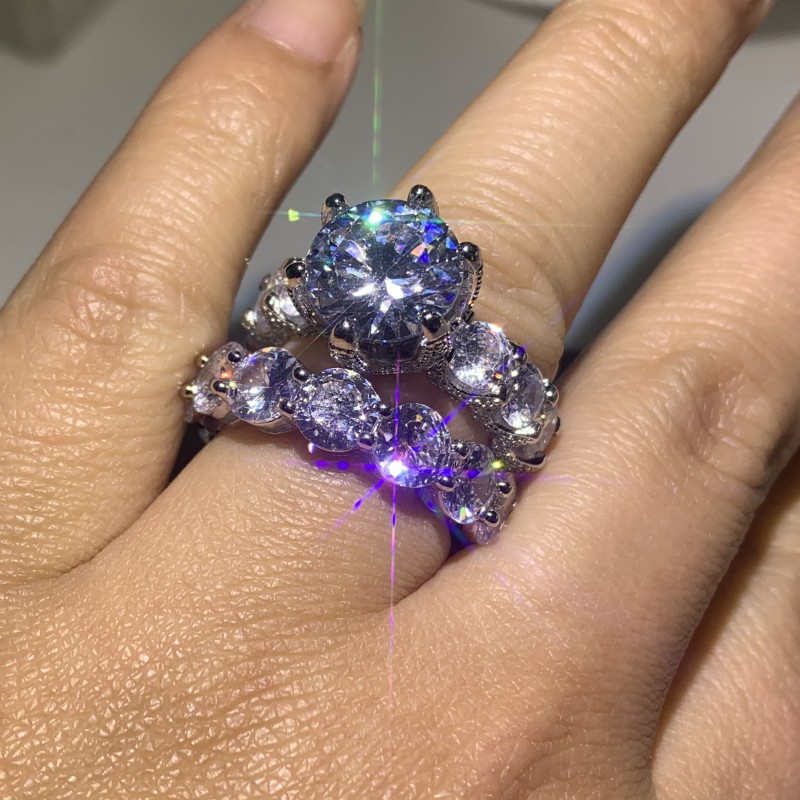 Hip Hop Luxury Jewelry 925 Sterling Silver Round Cut Big White Topaz CZ Diamond SONA Couple Rings Women Wedding Bridal Ring Set For Lover