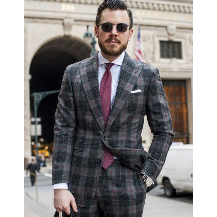 Fashion Groom Wedding Tuxedos Charcoal Plaid Men Pant Suits Two Button Peaked Lapel Groomsmen Formal Blazer