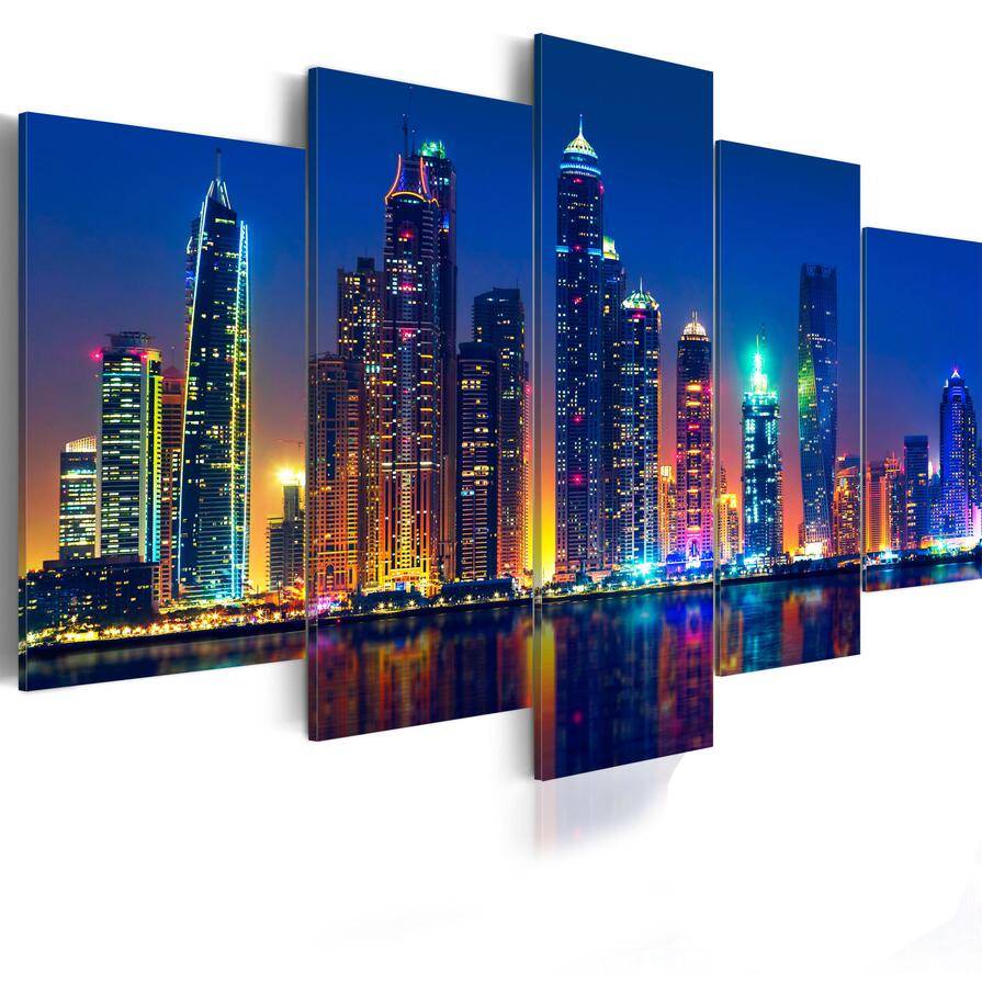 (No Frame)5PCS/Set Building Fashion Wall Art Canvas Painting City Night View Modern Home Decoration,Choose Color:3 And Size:3