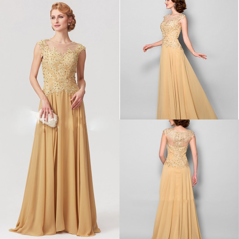 Elegant Gold Mother of the Bride Dresses A Line Lace Beaded Plus Size Chiffon Floor Length Zipper Back Mother's Dress Formal Prom Dresses