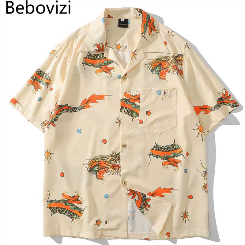 Bebovizi Hip Hop Chinese Dragon Print Holiday Shirts Short Sleeve Summer Streetwear Hawaiian Shirts Men Casual Harajuku Shirt, Blue