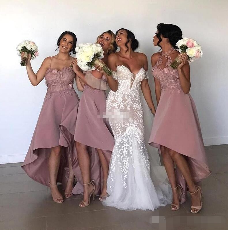 Pink High Low Bridesmaid Dresses Halter Spaghetti Straps Sweetheart Satin D Floral Applique Maid Of Honor Gown Garden Wedding Wear