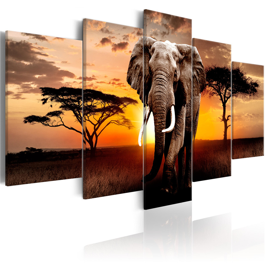 (No Frame)5Panel Animal Painting Pictures Print on The Canvas, Art Wall Decor, Home Wall Art Picture Color Giraffe Lion Elephant