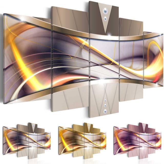 Fashion Wall Art Canvas Painting 5 Pieces Grey Yellow Purple Abstract Gold Line Modern Home Decoration, No Frame